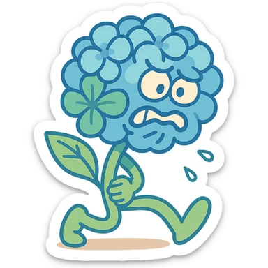 sky blue hydrangea flower with a twisted face and bulging eyes, holding its belly in a desperate toilet run, soft pastel shades, vibrant toon style sticker