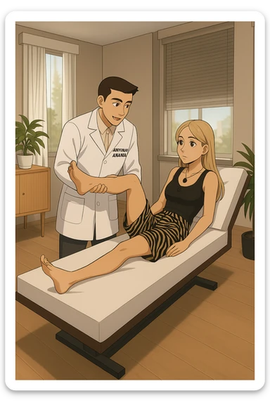 fai un webtoon/manga a colori con questo kinesiologo in camice bianco (fagli la scritta "ANTONIO ANANIA" SUL CAMICE) CHE SVOLGE UN TEST NEUROMUSCOLARE SOLLEVANDO UNA GAMBA ALLA RAGAZZA CHE è STESA SU UN LETTINO BIANCO. STANZA SEMPLICE E MODERNA, DURANTE IL TEST I DUE DIALOGANO TRA LORO. NON FARE I FUMETTI, FAI SOLO LORO COME SE DIALOGASSERO sticker