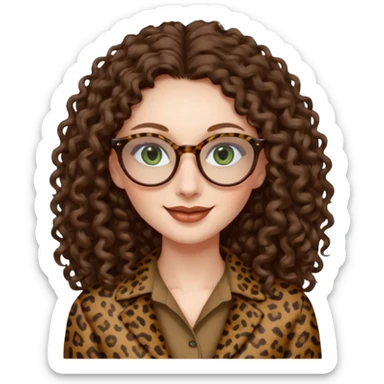 a green eyed woman with very very long brunette curly hair, full lips,and pale skin. She is wearing a leopard printed thin round-ish glasses . She is wearing fully brown clothes. She is gretting smiling sticker