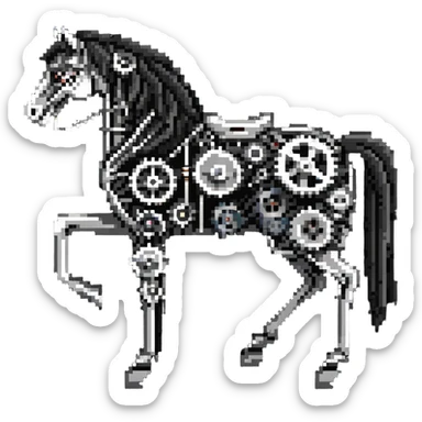 Horse constructed from mechanical parts, gears, cogs, wires, and ropes, steampunk aesthetic sticker