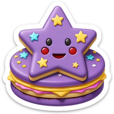 a pastel purple sandwich cookie with soft crumbly texture, a star-shaped jam cutout in the center showing glossy dark berry filling, and creamy filling with colorful sprinkles. Minimal emoji style, smooth shading, high detail, centered object, no background, sweet playful vibe sticker