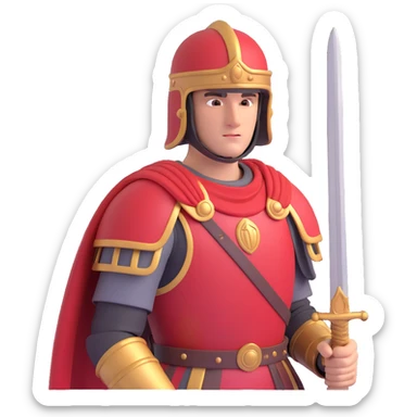 roman empire soldier, classic lorica segmentata armor, red tunic, helmet with cheek guards, holding sword sticker