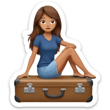 The sticker is a realistic beautiful woman with long brown hair, sitting on a suitcase, a cartoon-style vector illustration created using Procreate --chaos 25 sticker