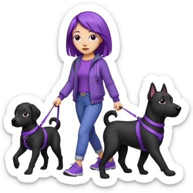purple haired light skinned woman walking a big, black dog sticker