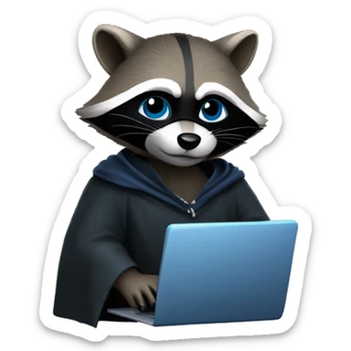 A raccoon with a blue mask over his eyes that doesn't cover the rest of his body, in a black cloak, holding a laptop and writing something on it sticker