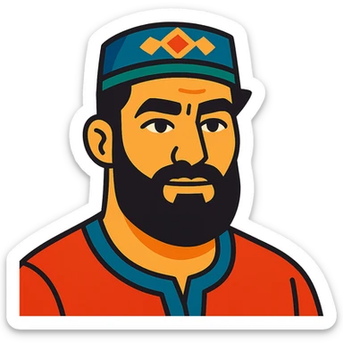 A Tajik man with masculine features, expressive eyes, thick eyebrows, dark hair, light-olive skin, and a larger, neatly kept beard sticker