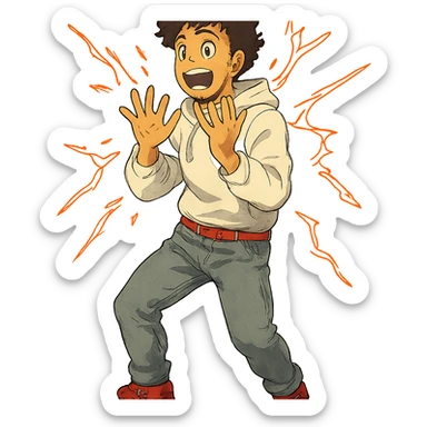 1 male, mid fade haircut dark chestnut brown curly hair, toasted lightskin, white hoodie sleeves up, gray fashion jeans, red fashion-sneakers shoes, red belt, short trimmed beard and goatee,  style of deku from "my hero academia",  doing a "i adore that!" exclaimation pose with red electricity sticker