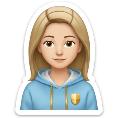Caucasian woman, oval face, straight hair that is more brown than blonde with lighter blonde highlights, hair parted to the side, serene smile, dreamy expression, light blue hoodie with gold and white details sticker
