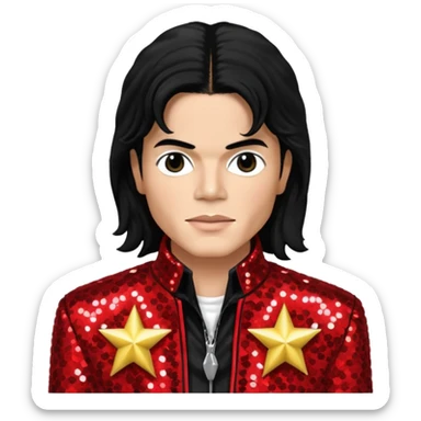 Michael Jackson with black long hair, red sequin jacket, black shirt, light skin sticker