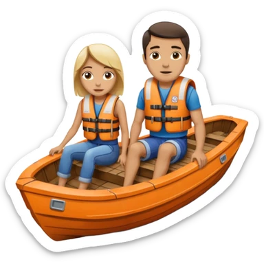 a wood boat upside down, with 2 people sitting on top trying to stay afloat. sticker