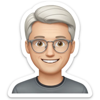30 yr old pale white man, white/grey side swept stylish hair, round glasses, big smile, white teeth, handsome, longer hair, thin glasses,  smooth forehead, open collar, trendy sticker