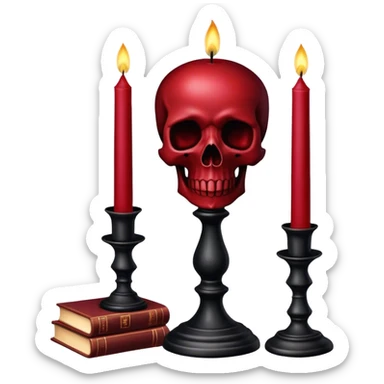 Dark Red candle on a black stand, books, skull, gothic style, beautiful aesthetic  sticker
