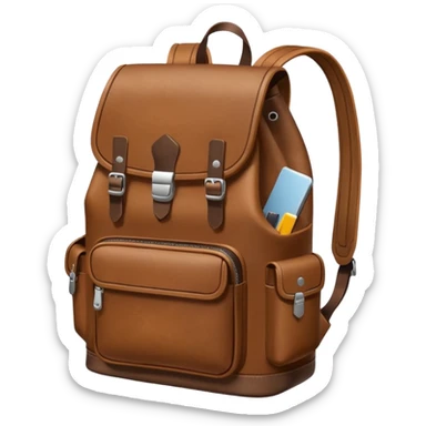 Draw a leather backpack using a front camera with an 80-degree angle from the ground, ensuring the object remains stationary without rotation or tilt. sticker