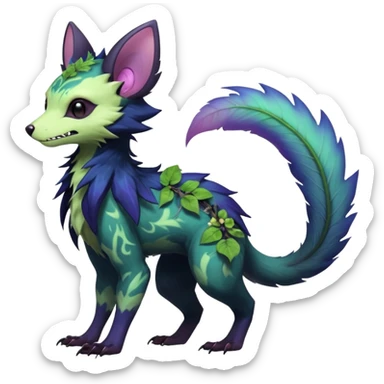 Realistic Sharp swampy mossy elemental ivy floral detailed Colorful translucent luminescent glowing Trico-Noibat-batty-Sergal-Furret-Ferret-Wolverine-Vernid-furry-fursona-fusion-Fakemon-animal-hybrid-creature, full body sticker