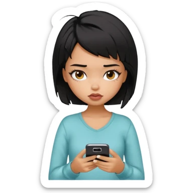 generate a pretty bratz girl with short black messuy hair, looking tired and using her phone sticker