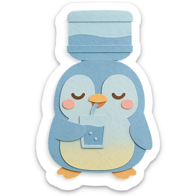 chibi water purifier-penguin hybrid, sipping water, content face, pastel blue, full-body sticker