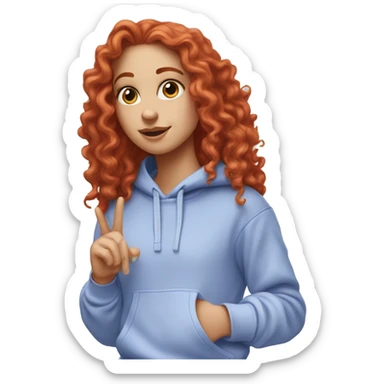 a white girl with long red curly hair, wearing a pastel periwinkle hoodie doing a pose sticker