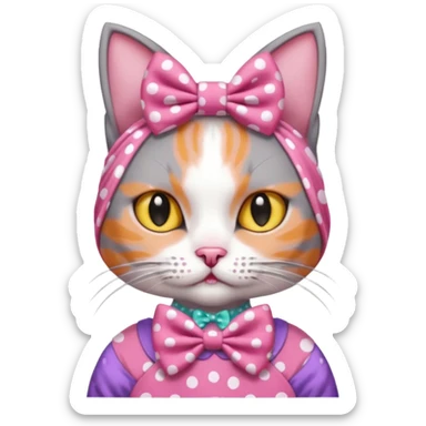 Evil Gray and white evil cat with a pink polka dot dress and with a pink polka dot bow on the Head cute sticker