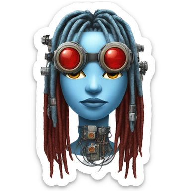 Light blue long dreadlocks female cyborg head with red steampunk goggles and circuits sticker