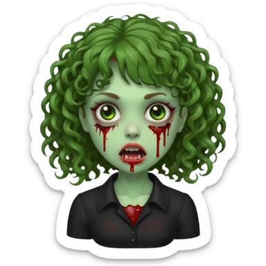 Green zombie emoji girl with curly Brown hair, with curly bangs, wearing a black bluse, blood Just in the tongue  sticker