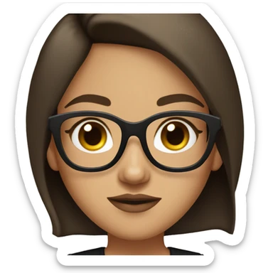 brunette girl with black glasses, light brown eyes and plump lips in a black T-shirt sticker