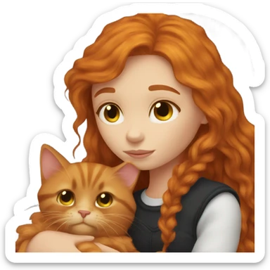 Ginger girl with long hair cuddling with black fluffy cat  sticker