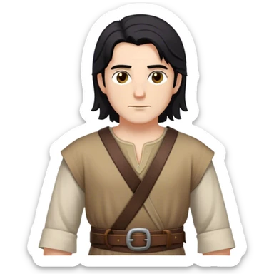 merchant outfit worn by a DnD themed fantasy character. basic simple tunic with a leather belt. clothes only above the waist. The clothes full waist. The character's haven't arms. character is black hair brown eyes shoulder-length hair white man. sticker