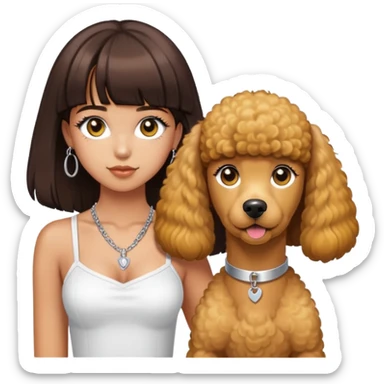 Girl with long dark brown hair with bangs and brown eyes with lash extensions wearing a white tube top and a silver necklace. with a big yellow standard poodle￼ sticker