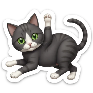 solid dark grey cat with green eyes, white toes/paws and white patch on her chest playfully rolling upside down sticker