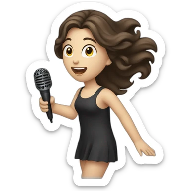 Caucasian girl with dark long Brown hair performing with a michophone singing sticker