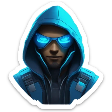developer behind his laptop with this style : crysis Cyberpunk Valorant neon glowing bright blue character blue black hooded assassin themed character sticker