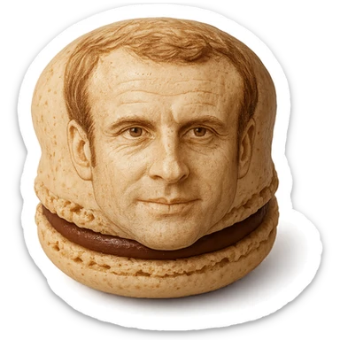realistic macaron pastry with the shell resembling Emmanuel Macron's face, subtle details sticker