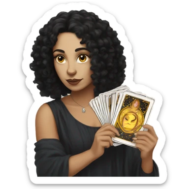 A white women with black curly hair holding tarot cards sticker
