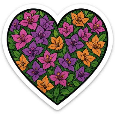 heart with a vibrant bougainvillea garden, clean digital illustration sticker