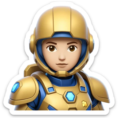 Clash of Clans aesthetic: Cinematic heroic Terran Marine Hero close up Emoji, rendered in a 3D vector-style similar to standard emojis with minimal shading and bold, simplified shapes. A compact, heroic isometric figure clad in futuristic power armor with signature energy accents, softly glowing with a cosmic battle charm. Simplified yet unmistakably iconic, highly detailed and consistent, glowing with a soft radiant shine and high gloss. Stylized with a touch of interstellar valor and a soft glowing outline, capturing the essence of an elite space warrior with a friendly, playful manner! sticker