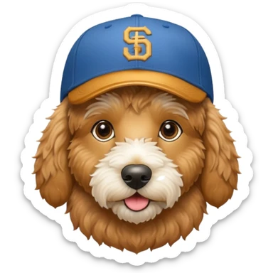 Golden doodle wearing a San Diego Baseball cap  sticker