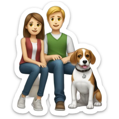 Brown hair White boy and girl and beagle Sit on couch sticker