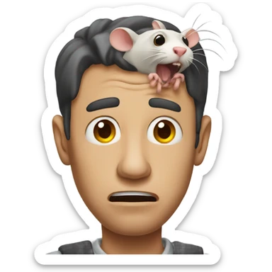 A scared man with a rat on his head sticker