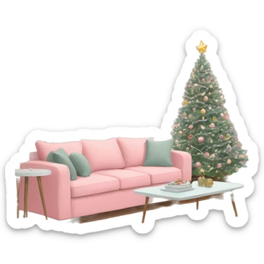 pastel pink living room with christmas tree and a sofa and a tv sticker