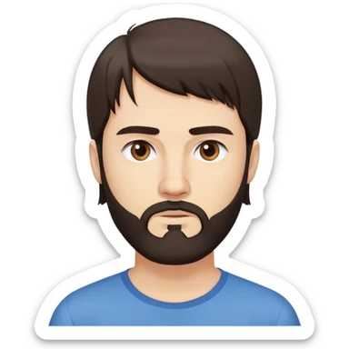 Caucasian man with long straight dark brown hair styled loose with fringe, medium-length hair, short full beard, neutral serious expression, simple blue shirt sticker