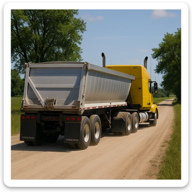 photorealistic rear view of a Volvo yellow semi sleeper truck with a long silver end dump trailer, not in dumping position, driving away down a dirt road with trees and grassy fields, sunny day sticker