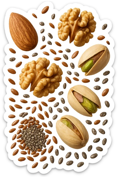 Mandorle, noci, pistacchi, semi di lino e di chia FLUTTUANO IN ARIA, IPERREALISTICO 4K sticker