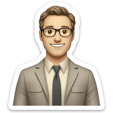 Joyful Pale skinned Fit Man With dark brown hair in gray jacket, beige office shirt, Brown pants and vintage glasses. His thrumbs up sticker