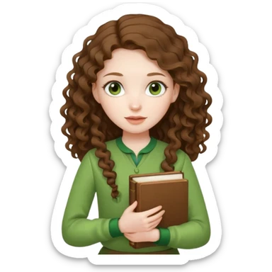 A girl with long brown curls and a green outfit holding a stacking book in her hand sticker
