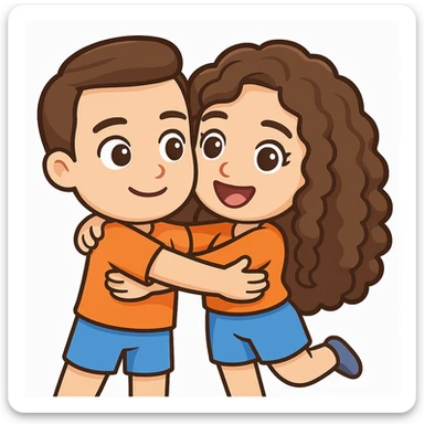3D cartoon male and female characters with white skin and brown hair; male with short fade haircut, female with long natural curls, embracing each other in a warm, playful hug. Bitmoji-like style suitable for emoji use with a transparent background. sticker