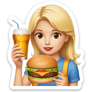 blonde girl with burger and corona beer sticker