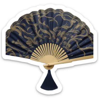 detailed and elegant navy blue hand fan with several gold accents and swirls, single fan sticker
