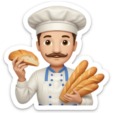Middle aged male pastry chef - with a mustache, apron, white hat, holding bread sticker
