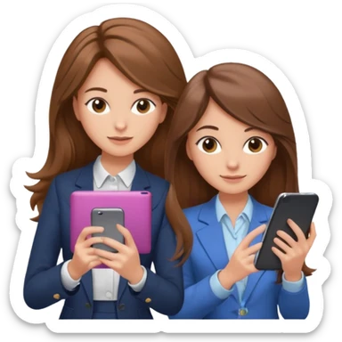 two brown haired girls, looking professional maybe leaned back on back and looking forward and using phones, with longer hair and with some cute clothes without ties, blowout hair, one girl can hold lap top athoer one can hold the phone sticker