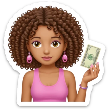 Uma menina com o cabelo cacheado é morena, e com uma regata rosa com unha em gel, é com Baby hair ,e com dinheiro na mão ,𓍢ִ໋🀦⃝🪼〰꩜ sticker